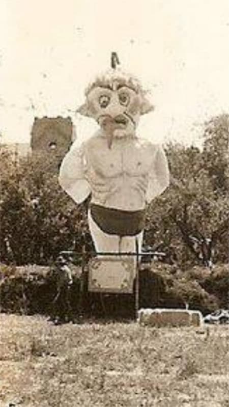 1928 - Zozobra in front of St. Francis Cathedral. Image courtesy of Kiwanis Club of Santa Fe.