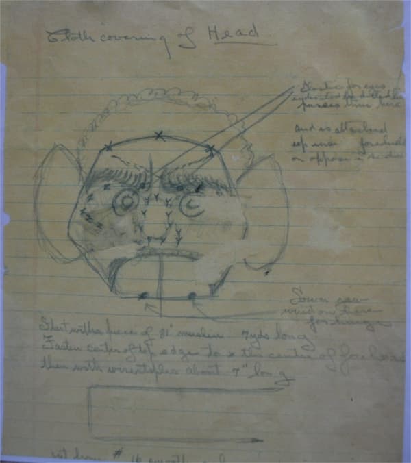 Sketch of Zozobra's Head and instructions by Will Shuster, from Shuster's Journal, courtesy of Ray Sandoval.