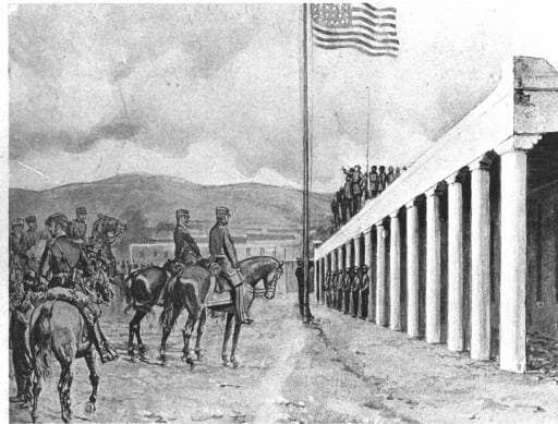 Raising the American Flag over the Palace of the Governors, Aug 18th, 1846. Photo of painting by Kenneth Chapman. Palace of Governors Photo Archives.