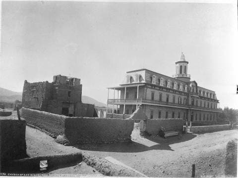 San_Miguel_Church_and_Saint_Michaels_College_Santa_Fe_New_Mexico.1881.whjacksonco