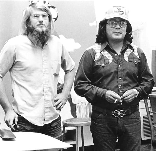 David Rettig left with renowned Native American artist T.C. Cannon. 1973. Two years before T.C introduced David to Allan Houser