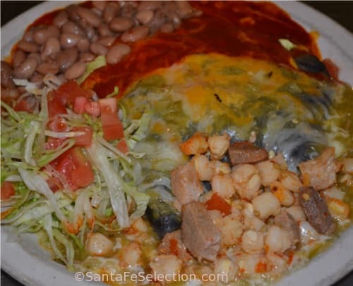 Blue Corn Enchiladas and Posole with Christmas (red and green chile)